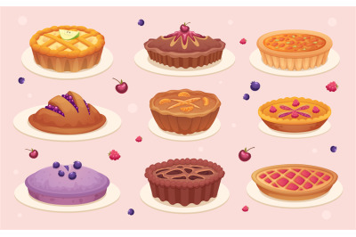 Fruit cakes. Bakery pie with dessert strawberry jam exact vector delic