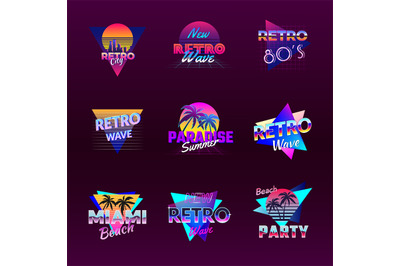 Retro wave badges. Cyberpunk california electro synth wave style logo.