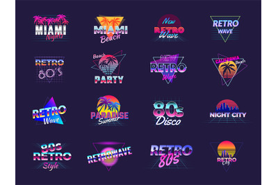 Retro badges. Stylized synth wave logo neon 1980s style cyberpunk colo