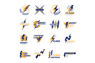 Thunderbolt logo. Power badges with force thunderbolts symbols recent