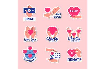 Donation emblems. Humanity and charity colored symbols recent vector i