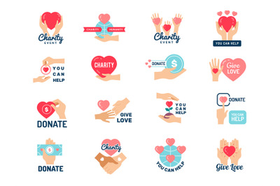 Donation logo. Charity and humanity symbols for business identity rece