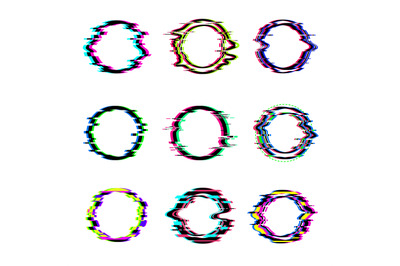 Glitch circles. Round glitched digital frames dynamic broken televisio