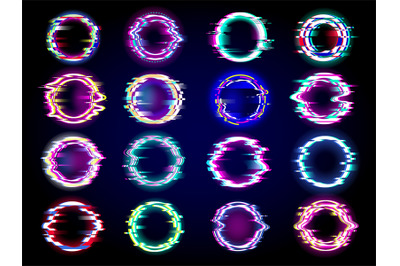 Glitches collection. Neon glowing circle glitches templates pixel ring