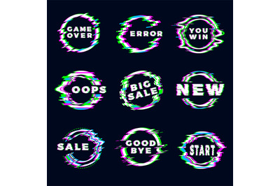 Glitches badges. Grunge abstract circles frames with personal text dig