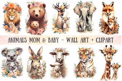 Floral Animals Mom and Baby Wall Art Clipart