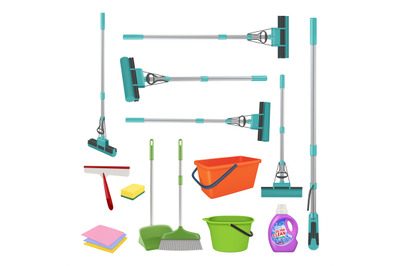 Home cleaning tools. Mops rags buckets cleaning detergent decent vecto