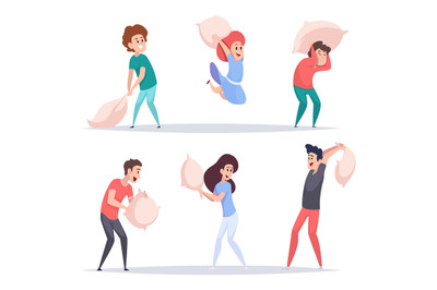 Pillow fighting. People attraction home fun playing with pillows cute