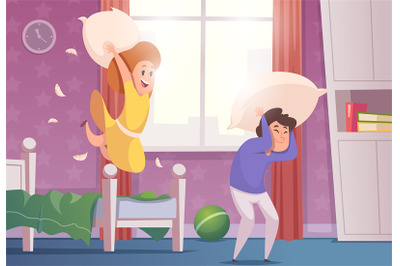 Pajama party. Kids jumping and playing with pillows exact vector carto