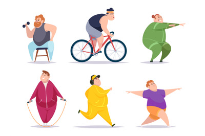 Fat people. Funny active characters making sport exercises workout out