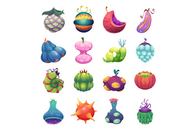 Fairytale plants. Decorative fantasy fruits and vegetables comic color