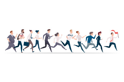 Business running. Male and female characters managers running at work