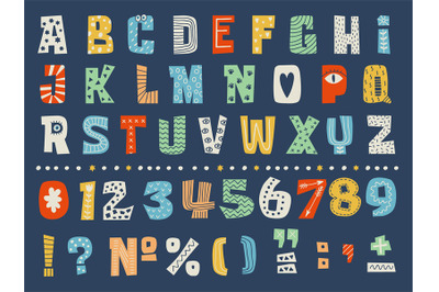 Alphabet. Letters numbers and punctuation marks in decorative style re