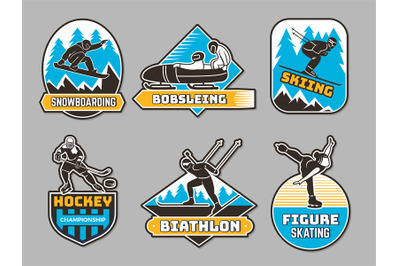 Winter sport badges. Winter fitness activity symbols and emblems ski s