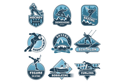 Winter emblems. Sport seasonal active fitness games snowboarding ski b