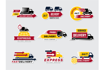 Delivery badges. Trucks cars different vehicles for delivery services