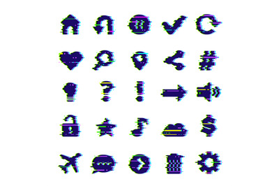 Web glitched symbols. Media grunge ui icons interface elements mobile
