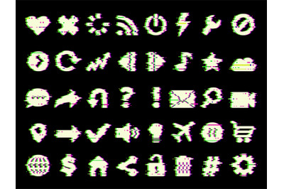 Glitched icons. Web media symbols in grunge style glitched ui pictures