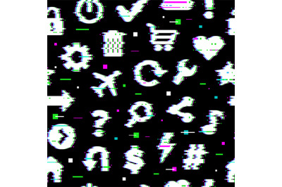 Glitched pattern. Media symbols arrows signs for web ui grunge design