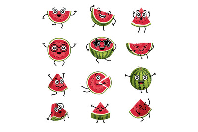 Watermelon characters. Cartoon comic mascots of watermelon with funny