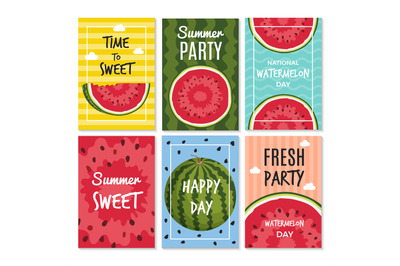 Watermelon banners. Holiday decorated cards with sliced fresh healthy