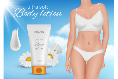 Skin cream ads. Placard with woman body in fashioned bikini and bra co