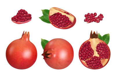 Pomegranate. Pieces of red fruits natural healthy products decent vect