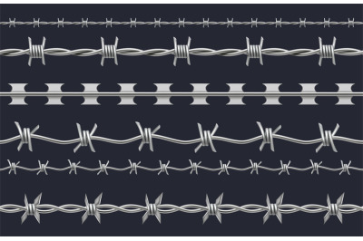 Barbed wire. Realistic template of different types of steel barrier fo