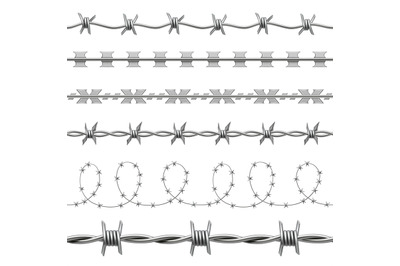 Barbed wire. Steel barriers with thorns decent vector realistic templa