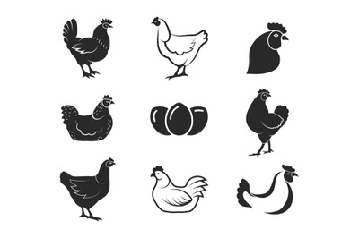 Chicken logo elements. Healthy organic chickens meat and eggs black it