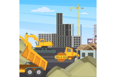 Construction background. professional vehicles for builders. Vector ca