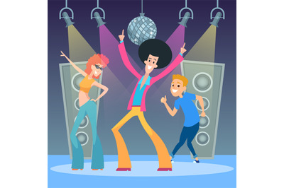 Dance party background. funny characters dancing on party stage. Vecto