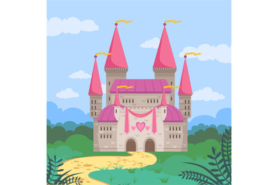 Fairy tale castle. fantasy background with big cartoon medieval castle