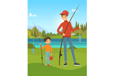 Family fishing. son and father outdoor fishing and spend time together