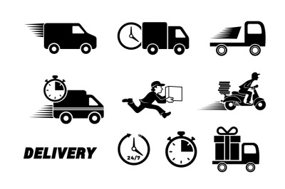 Fast delivery service elements. Express shipment truck and courier mov