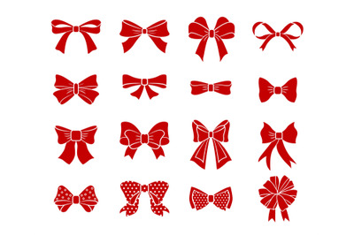 Flat red bows. Scarlet bow ribbons silhouettes, cartoon holiday presen