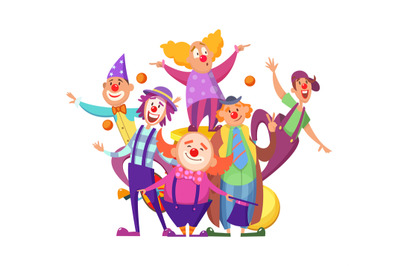 Group of clowns. funny colored entertainment circus workers. character