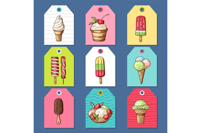 Ice cream cards. illustrations of frozen delicious products ice cream