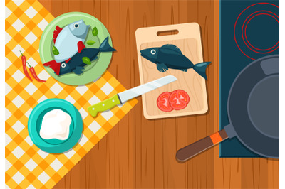 Kitchen top view. utensils for preparing food knife for fish. vector c