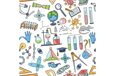 Science pattern. symbols of chemical lab science industry vector pictu