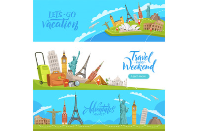 Travel banners. historical landmarks for travellers outdoor exploratio