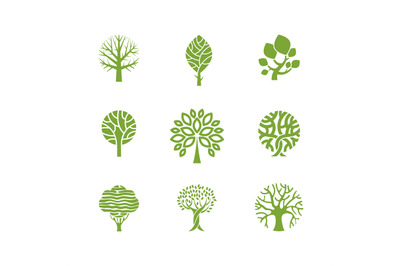 Tree emblems elements. Eco bio lumber design items, trees strength nat