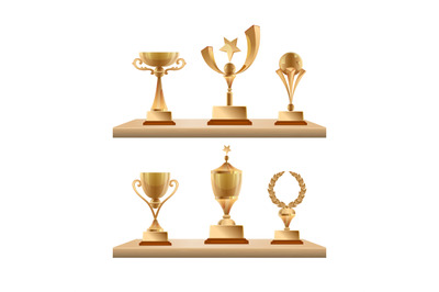 Trophy cups on shelves. awards for sport competition winners. Vector g