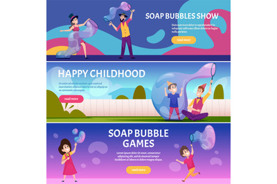 Soap bubbles banners. Playground with soap for happy kids water attrac