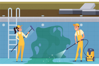 Pool cleaning. Industrial cleaners working outdoor and cleaning swimmi