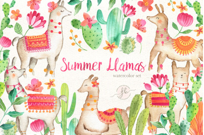 Llamas Summer Watercolor Illustration Set