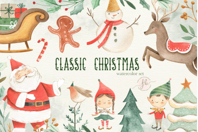 Christmas Watercolor illustration Santa Claus Elf Snowmen