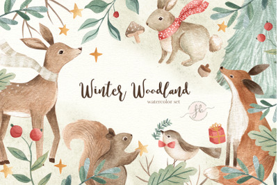 Winter Woodland Watercolor Christmas Clipart Set