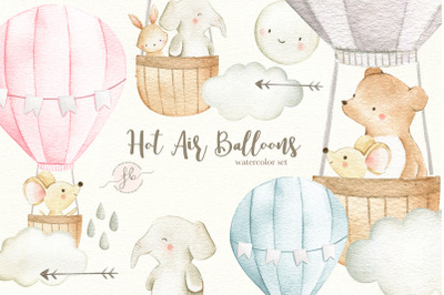 Hot Air Balloons Watercolor Clipart Set