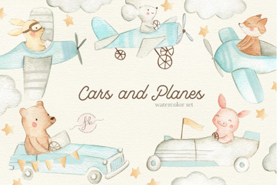 Cars and Planes Watercolor Clipart set